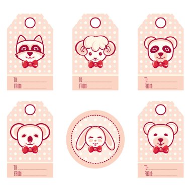 Hediye etiketleri ile sevimli hayvanlar. Parlak tatil etiket kümesi. Vektör çizim 
