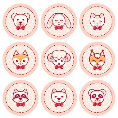 Hediye etiketleri ile sevimli hayvanlar. Parlak tatil etiket kümesi. Vektör çizim 