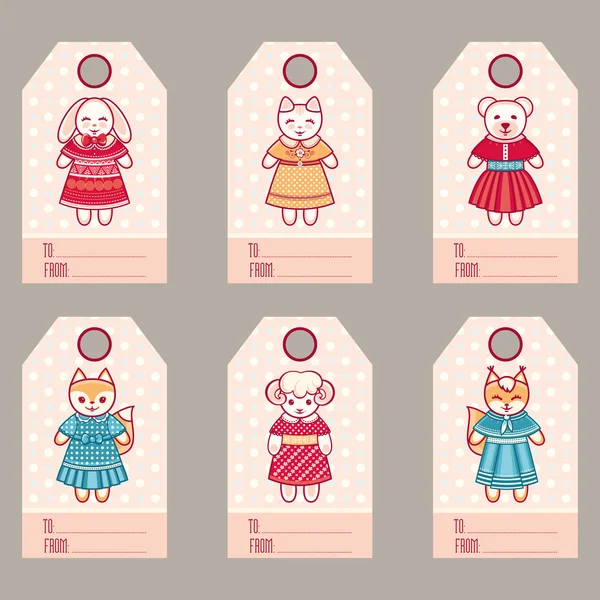 Hediye etiketleri ile sevimli hayvanlar. Parlak tatil etiket kümesi. Vektör çizim 