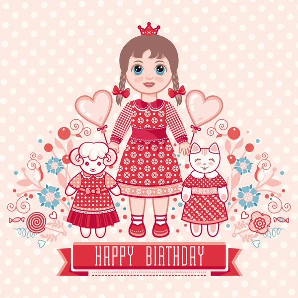 Happy birthday - greetings card for girl . Illustration of cute little princess. — Stock Vector