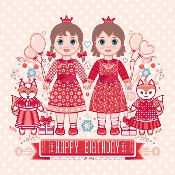 Feliz cumpleaños - tarjeta de felicitaciones para niña. Ilustración de linda princesita . — Vector de stock