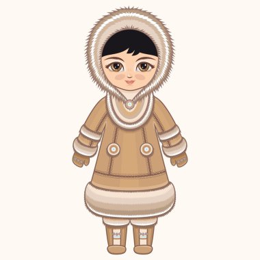 Kuzeyli kız. Chukcha elbiseli kız. Tarihi kıyafetler. Uzak Kuzey. Renkli çizim.