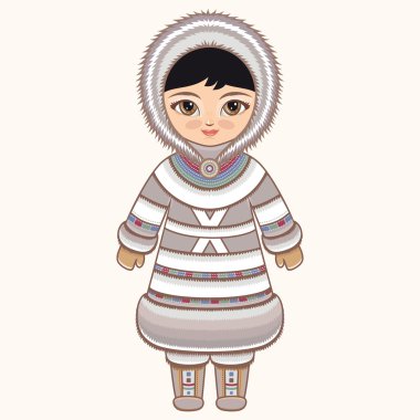 Eskimo kıyafetleri. Kuzeyli kız. Eskimo elbiseli kız. Tarihi kıyafetler. Uzak Kuzey. Renkli çizim.