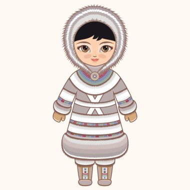 Eskimo kıyafetleri. Kuzeyli kız. Eskimo elbiseli kız. Tarihi kıyafetler. Uzak Kuzey. Renkli çizim.