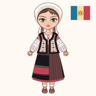 Moldavya elbiseli kız. Tarihi kıyafetler. Moldova