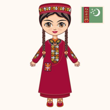 Türkmen elbiseli kız. Tarihi kıyafetler. Türkmenistan