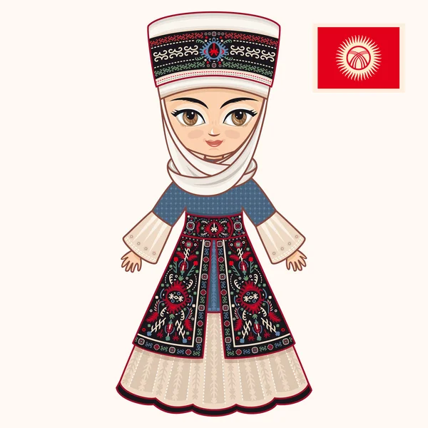 La chica en vestido kirguiso. Ropa histórica. Kirguistán — Vector de stock