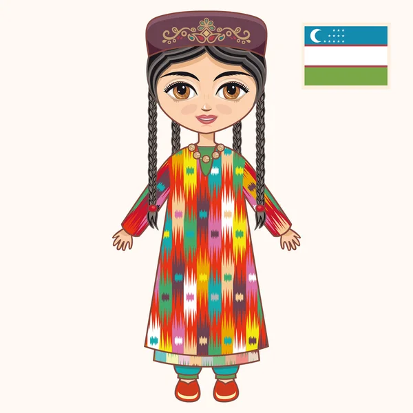 La chica del vestido uzbeko. Ropa histórica. Uzbekistán — Archivo Imágenes Vectoriales