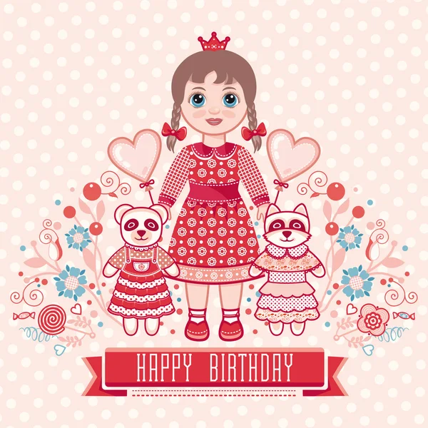 Happy birthday - greetings card for girl . Illustration of cute little princess. Birthday. Children's birthday party.  Congratulations. Invitation. Card. Greeting card. — Stock Vector