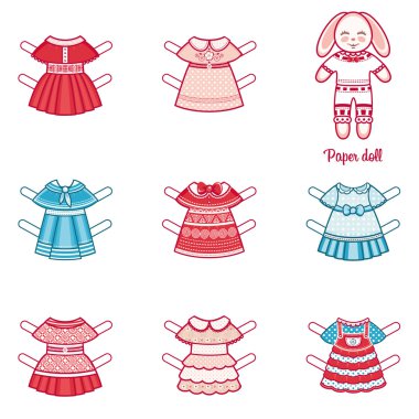 Kağıt bebek moda giysiler bir dizi ile. Sevimli tavşan.