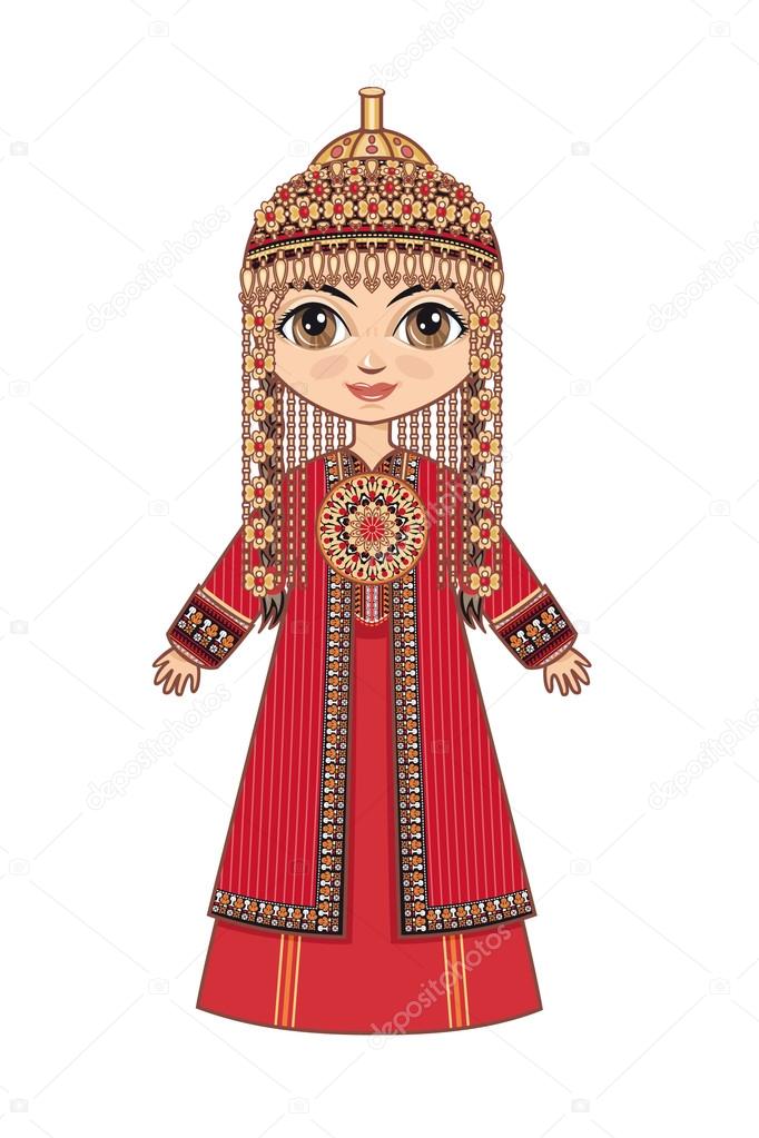 The girl in Turkmen dress. Historical clothes.