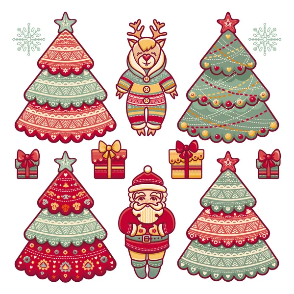 Set of color Christmas toys. Reindeer, Santa Claus, snowflake. — Stock Vector