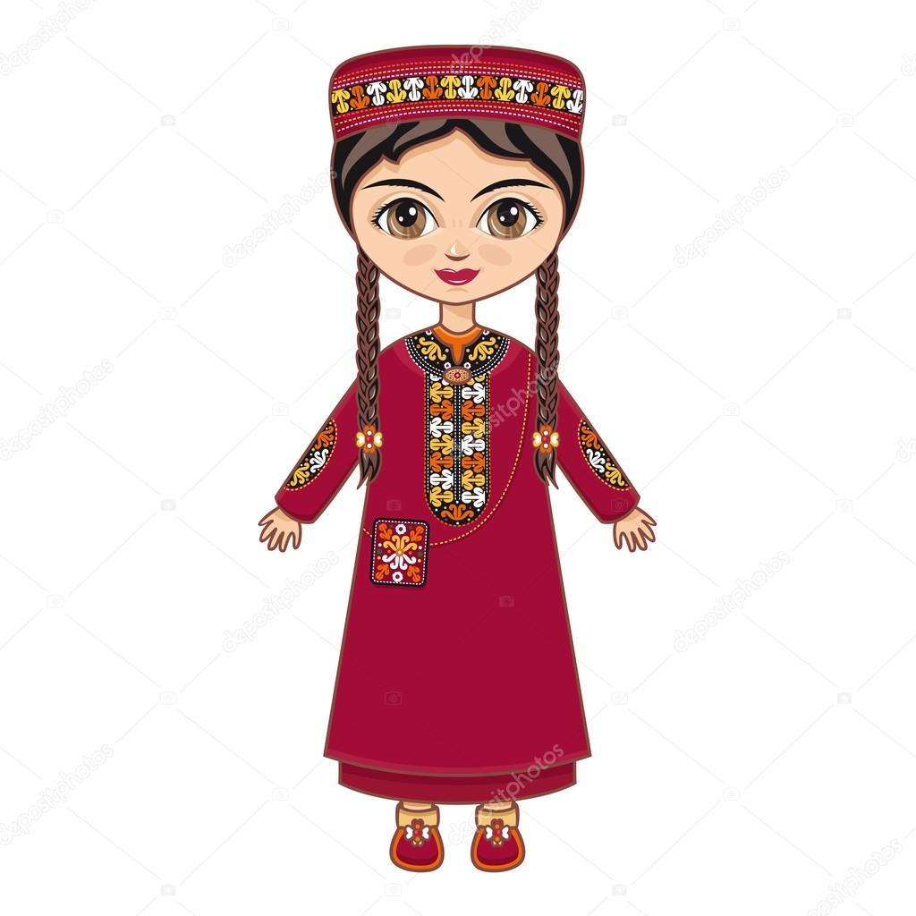 The girl in Turkmen dress. Historical clothes.