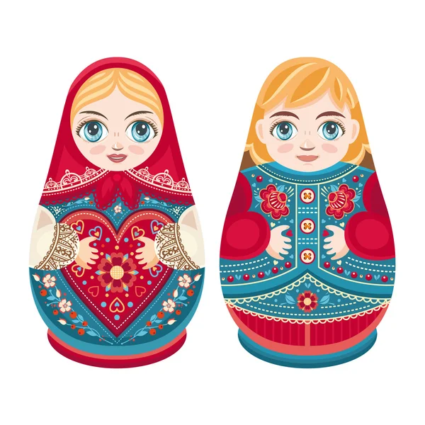 マトリョーシカ。ロシアの民俗の入れ子人形。男の子と女の子. — ストックベクタ
