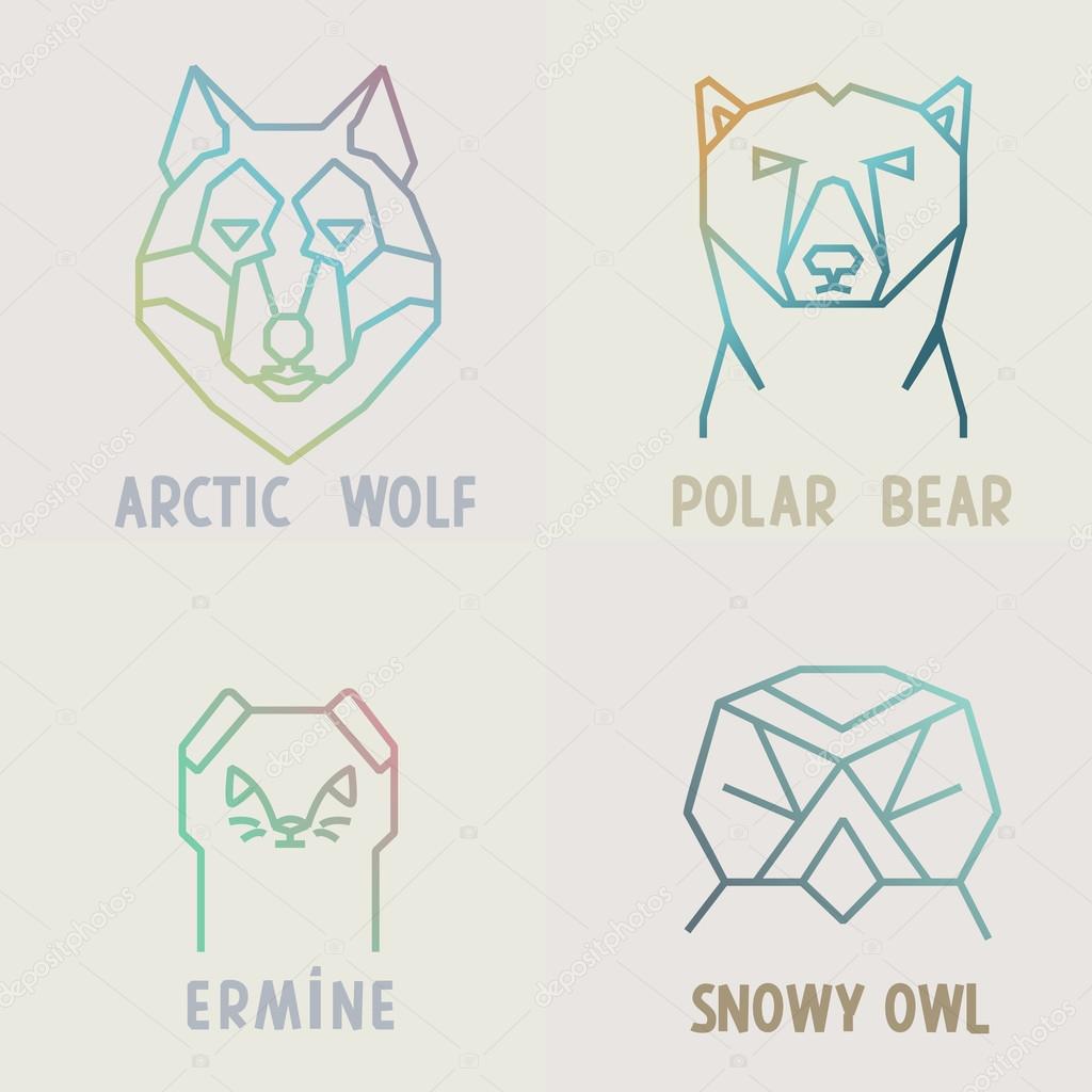 Collection of polygonal gradient logo designs of arctic wolf, polar bear, snowy owl and ermine.