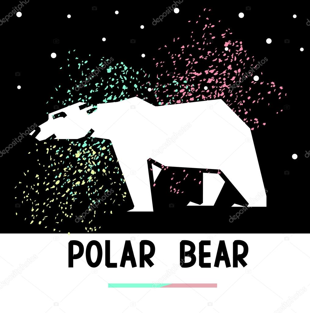 Walking polar bear and night sky with aurora borealis. Polar bear polygonal logo design.