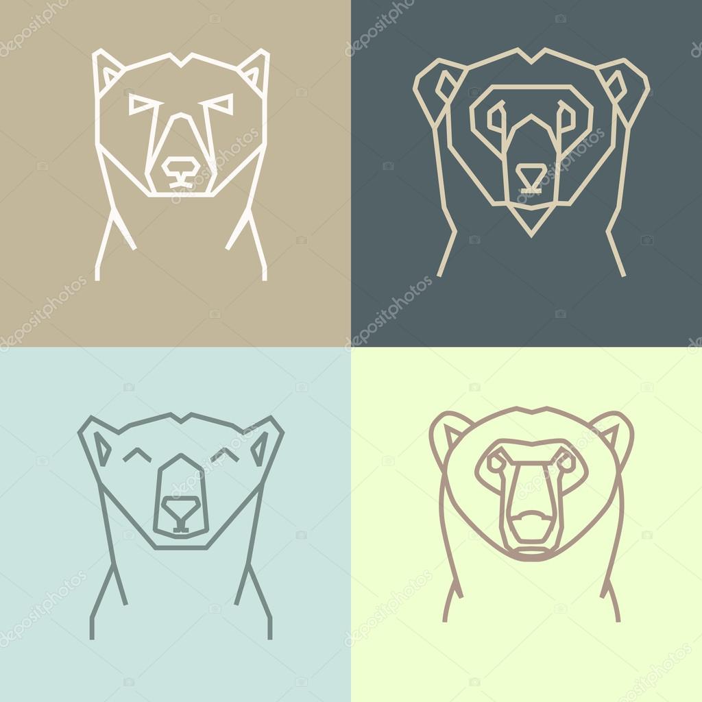 Collection of four linear polygonal icons of polar bear head. Four linear logo of happy, serious, confused and tranquil bear on blue and beige squares.