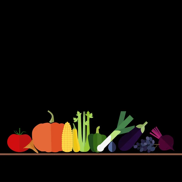 Frutas y verduras del arco iris en negro — Vector de stock