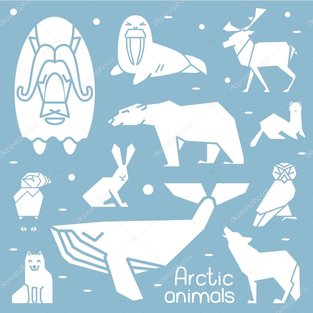 Collection of white shapes of arctic animals.
