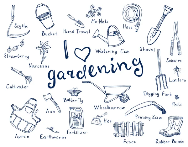 Herramientas de jardinería con nombres — Vector de stock
