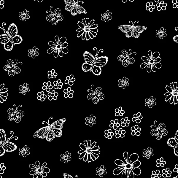  çiçekler ve kelebekler ile siyah seamless modeli.