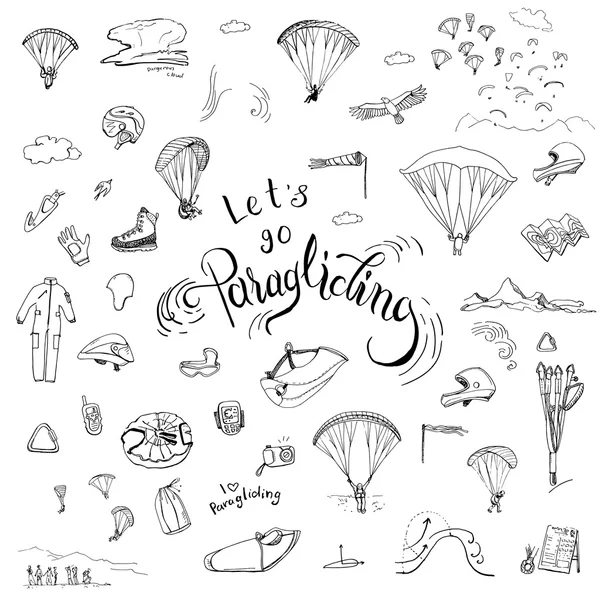 Paragliding doodles collection — Stock Vector