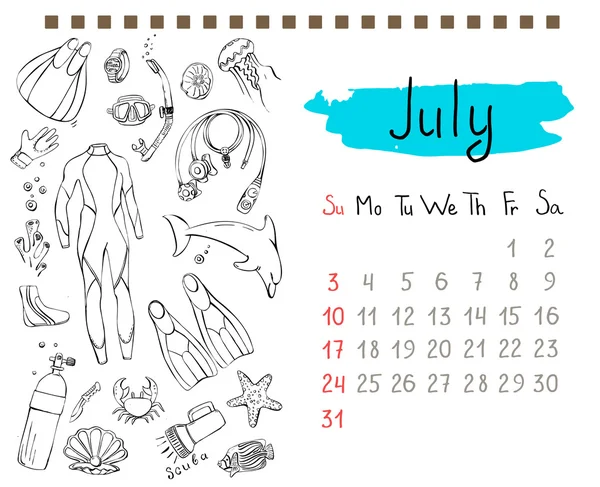 Doodles de mergulho para página de julho —  Vetores de Stock