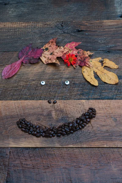 Fun autumn face with fall foliage, red flower, and coffee beans.