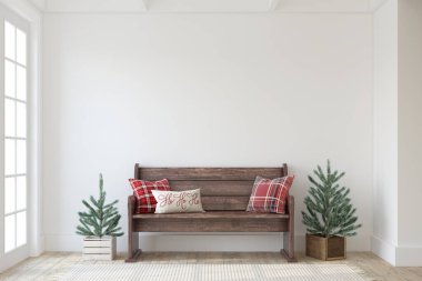Noel çiftlik evinin girişi. Beyaz duvarın yanında ahşap bir bank. İç modelleme. 3d hazırlayıcı.