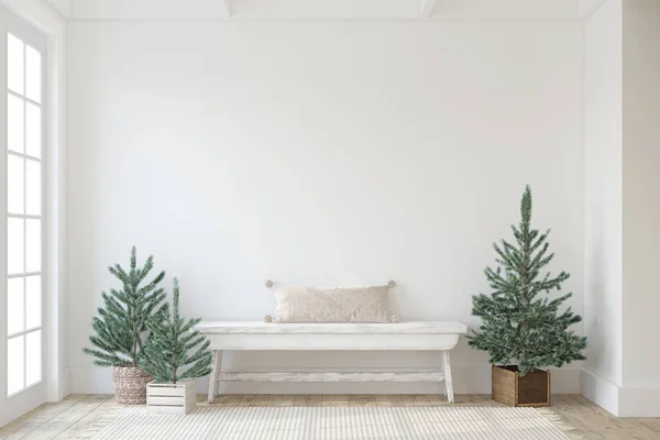 Kerst Boerderij Entree Houten Bank Bij Witte Muur Interieur Model — Stockfoto