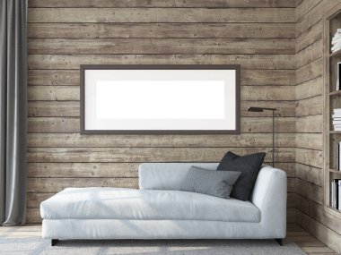 Modern oturma odasının içi. Çerçeve modeli. Tahta duvarın yanındaki beyaz kanepe. 3d hazırlayıcı.
