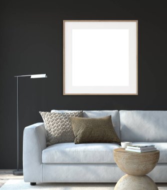Modern oturma odasının içi. İç ve çerçeve modeli. Siyah duvarın yanındaki beyaz kanepe. 3d hazırlayıcı.