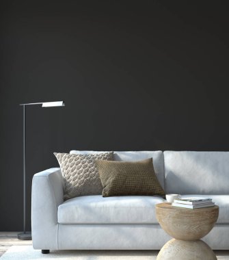 Modern oturma odasının içi. İç modelleme. Boş siyah duvarın yanındaki beyaz kanepe. 3d hazırlayıcı.