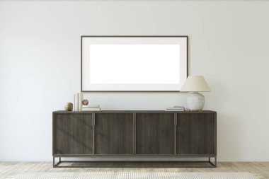 Modern giriş yolu. Beyaz duvarın yanındaki çekmeceler. İç ve çerçeve modeli. 3d hazırlayıcı.