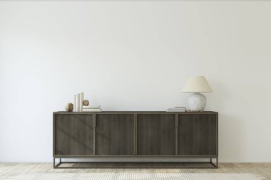 Modern giriş yolu. Çekmeceler boş beyaz duvarın yanında. İç modelleme. 3d hazırlayıcı.