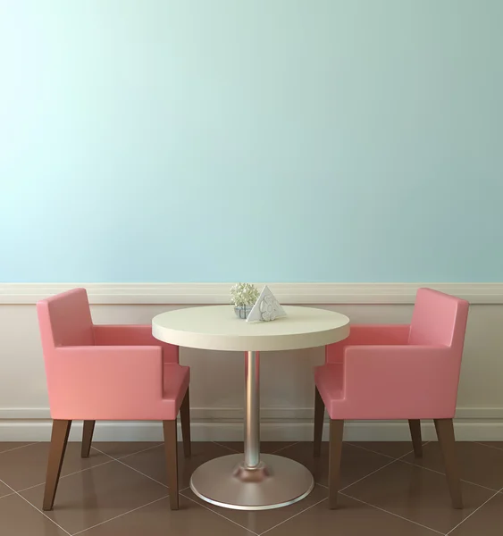 Witte tafel en roze stoelen — Stockfoto