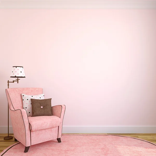 Interieur met roze leunstoel — Stockfoto