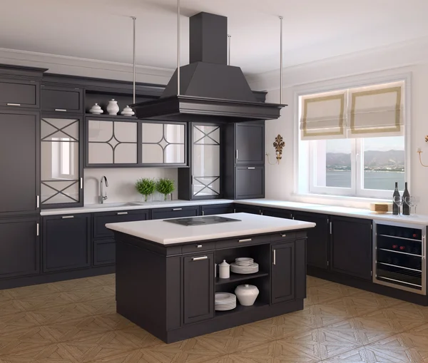 Klassieke zwarte keuken. — Stockfoto