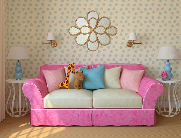 Habitación infantil con sofá rosa . — Foto de Stock