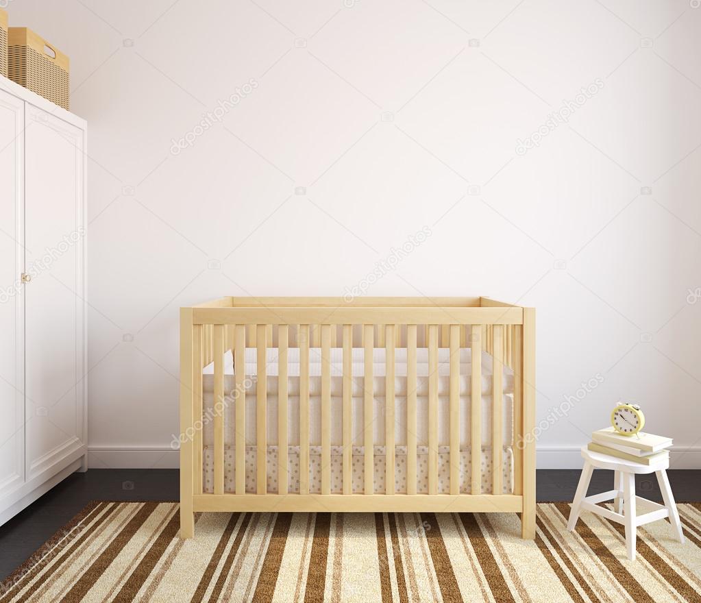 Interior of nursery with wooden crib