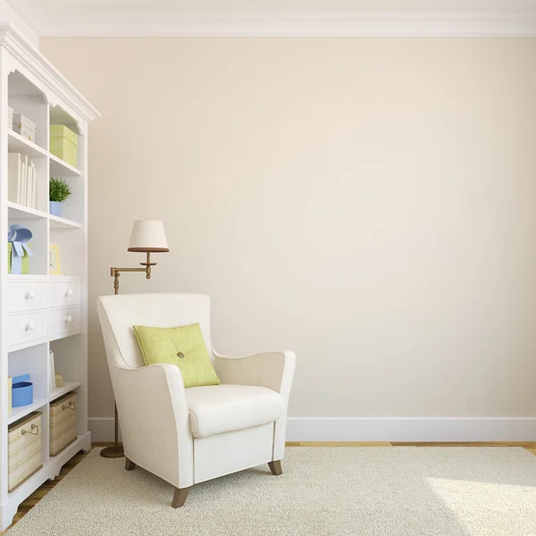 Librería y sillón cerca de la pared vacía beige —  Fotos de Stock