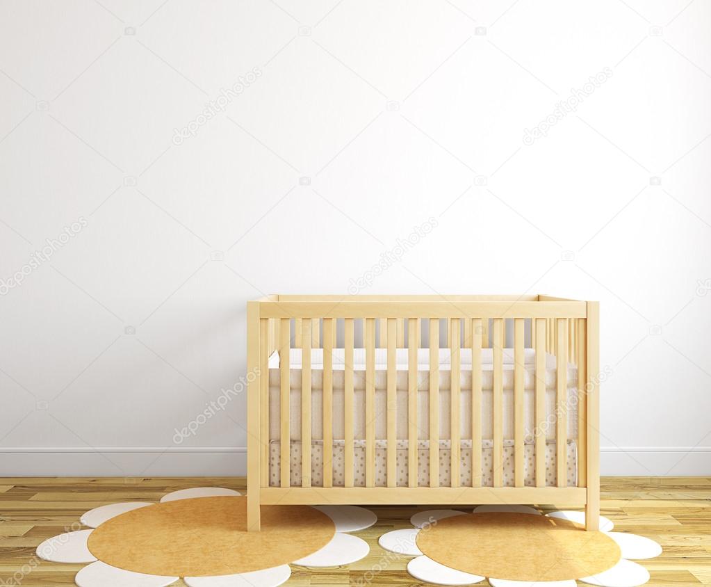 Interior of nursery with wooden crib