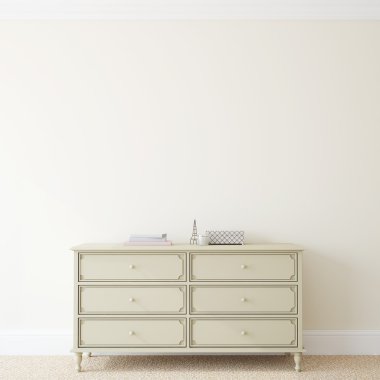 Interior with dresser near empty beige wall clipart