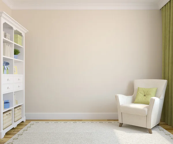 Boekenkast en fauteuil in de buurt van beige lege muur — Stockfoto