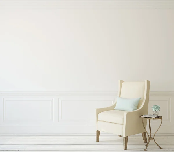 Interieur met beige fauteuil in de buurt van witte muur. — Stockfoto