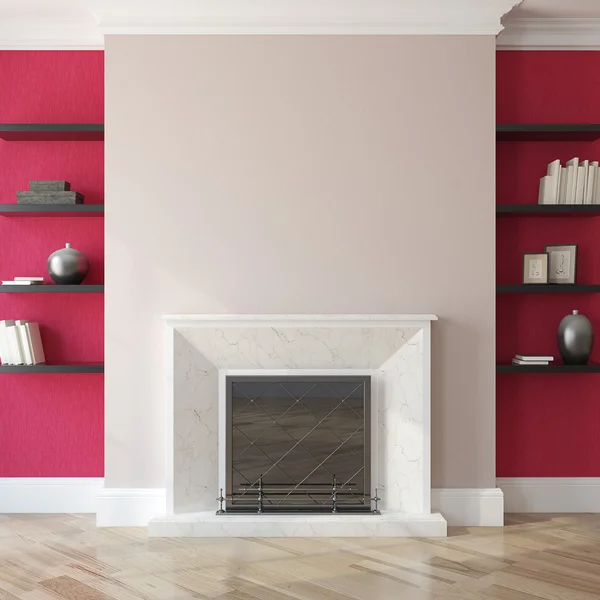 Interior with fireplace and red wall. — Stock Photo, Image