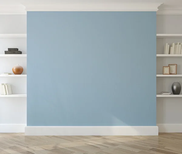 Parede azul vazia e prateleiras — Fotografia de Stock