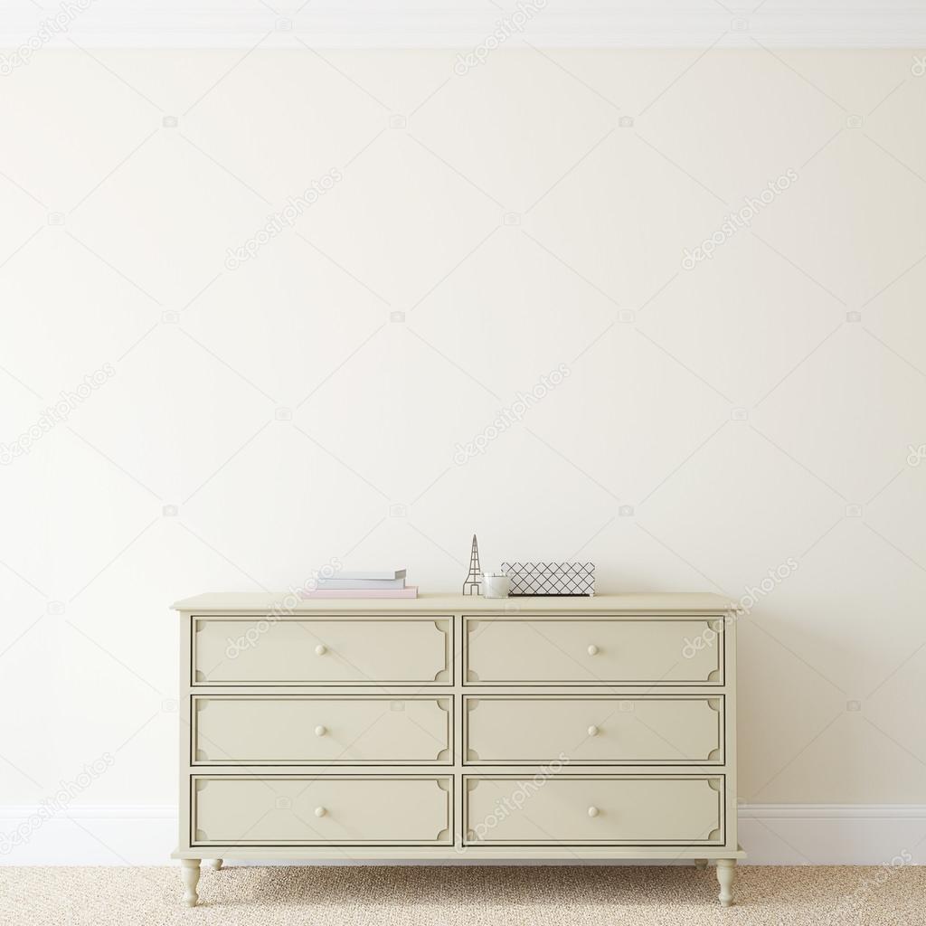 Interior with dresser near empty beige wall