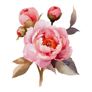 Suluboya şakayık çiçeği. Beyaz arkaplanda elde boyanmış kırmızı çiçek.