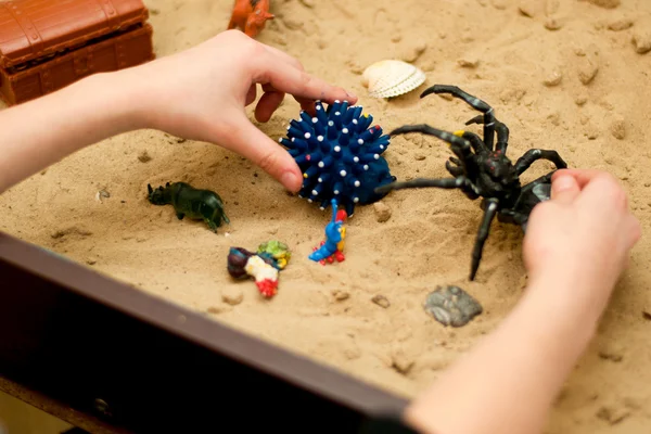 Child plays in the sand spider and hedgehog — Stock Photo, Image